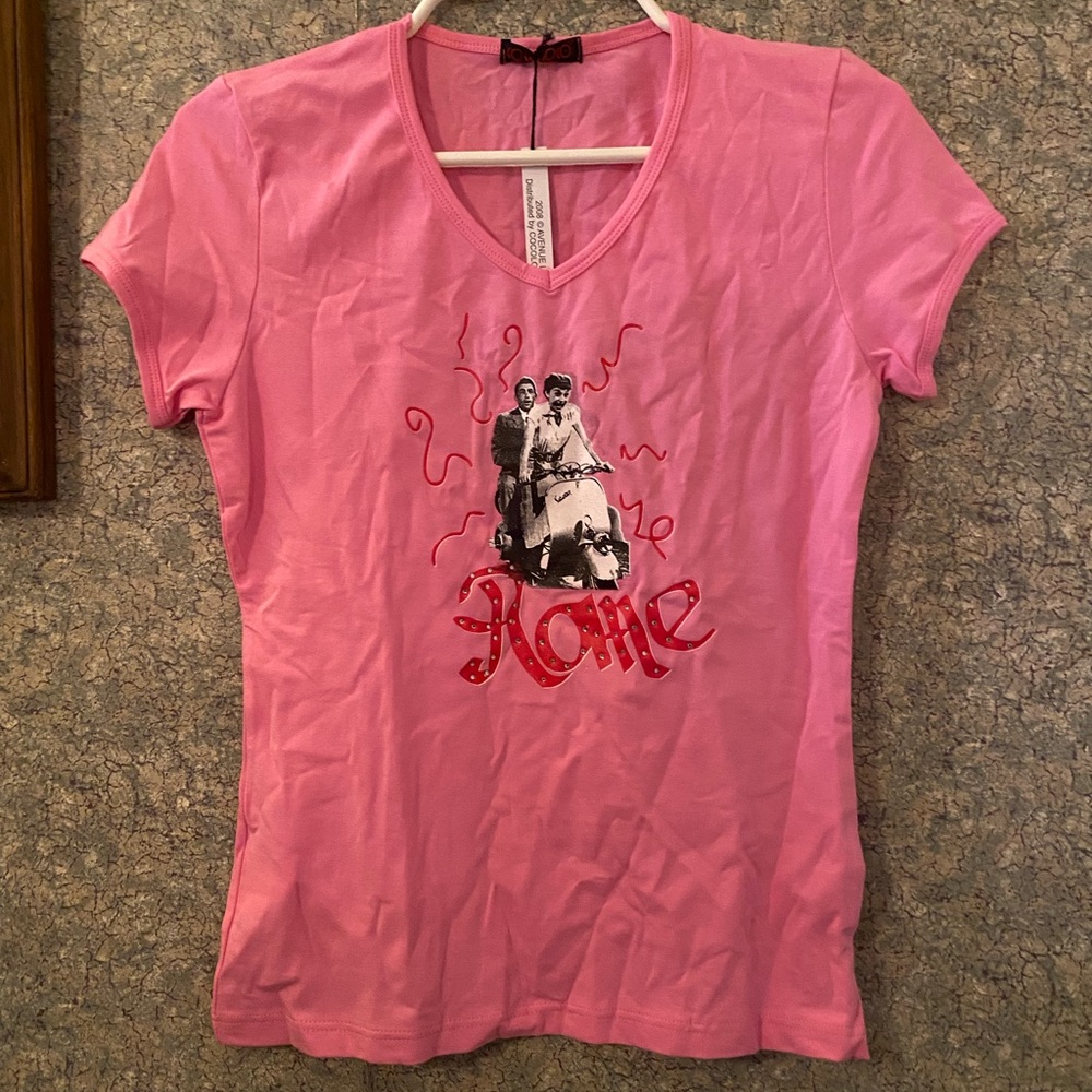 NWT ROME baby tee v neck Pink Roman Holiday classic movie Audrey Hepburn Peck L